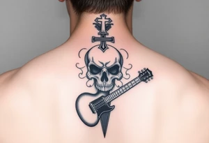 I would like to get a tattoo of a skull and a cross and in a guitar for your upper arm that would be covered with a sleeve and I want it just black and gray tattoo idea