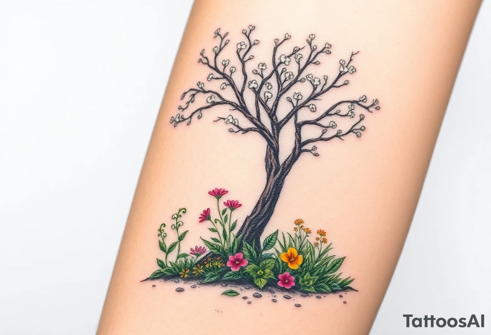 Lilly of the vally plants underneath a blooming hawthorn tree with other colorful plants on ground tattoo idea