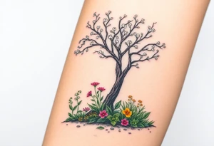 Lilly of the vally plants underneath a blooming hawthorn tree with other colorful plants on ground tattoo idea