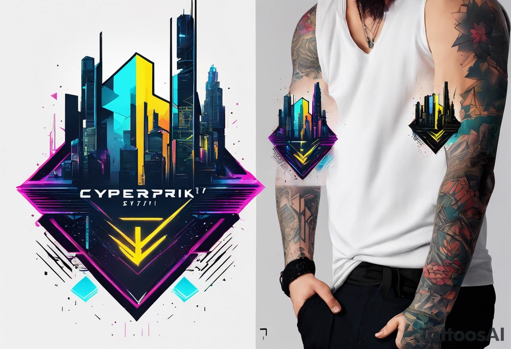 cyberpunk 2077, forearm tattoo, geometric, subtle, men, city skyline, bright colour, tattoo idea