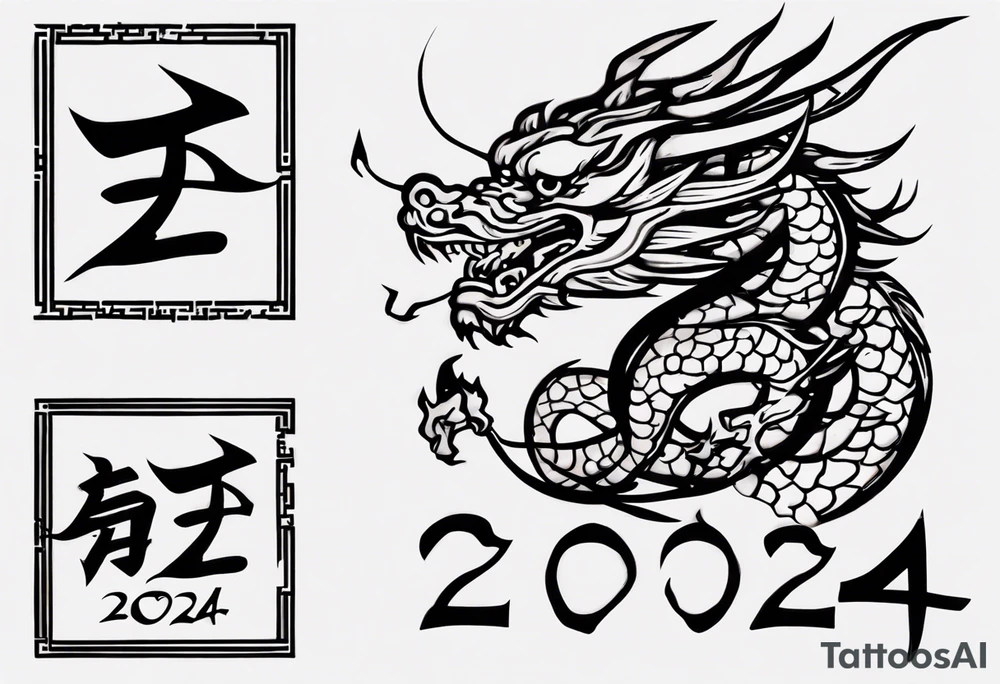 A simple tattoo of the year "2024" with a simple Chinese dragon must include the text "2024" in English tattoo idea