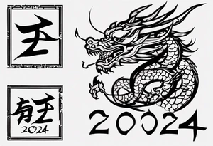 A simple tattoo of the year "2024" with a simple Chinese dragon must include the text "2024" in English tattoo idea