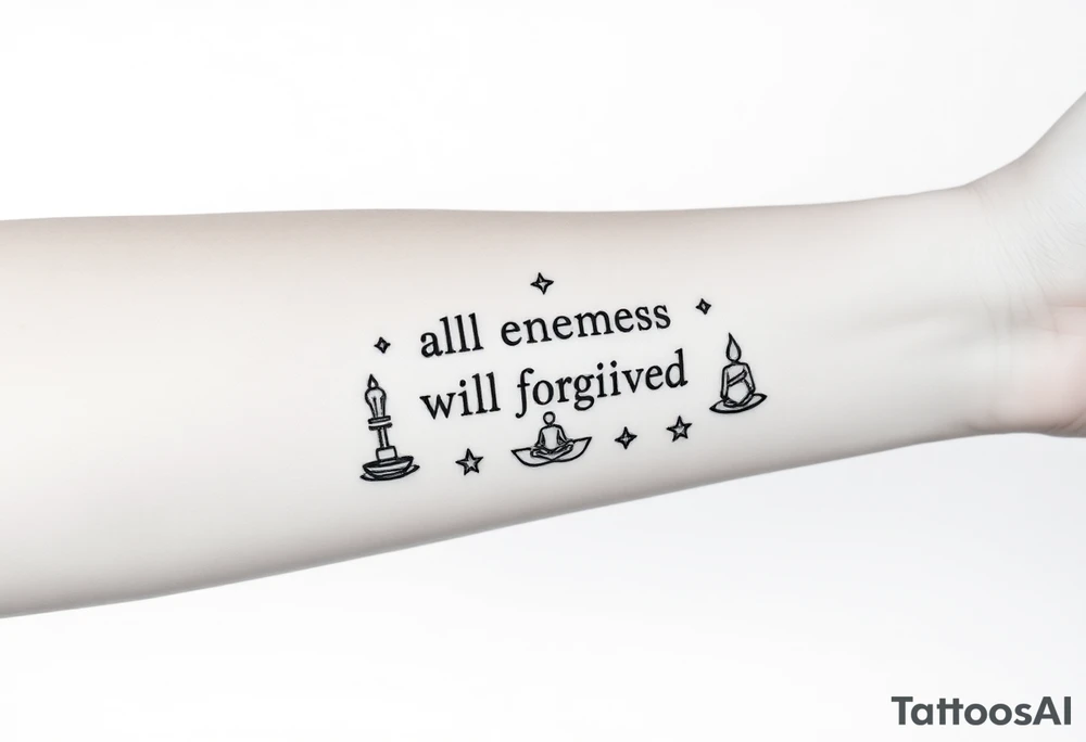 Affirmation all enemies will be forgiven surrounded by symbols of meditation and a new life tattoo idea