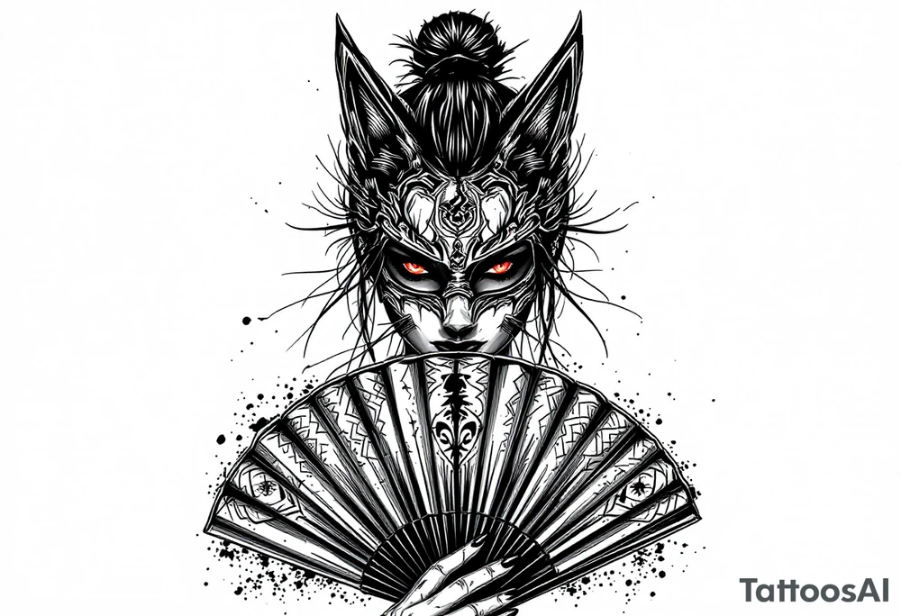 Woman samurai with red eyes wearing an half and broken fox mask, holding a japanese fan with irises. tattoo idea
