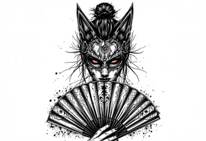 Woman samurai with red eyes wearing an half and broken fox mask, holding a japanese fan with irises. tattoo idea