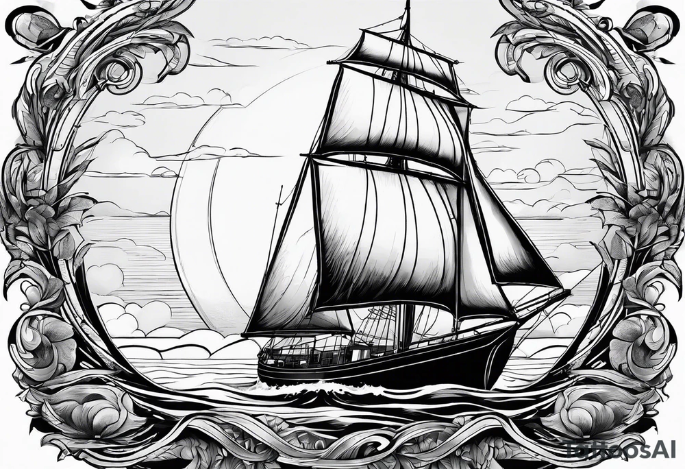 sailboat seen from the front. sail in the shape of a maritime lighthouse.phoenix drawn on the sail. tattoo idea