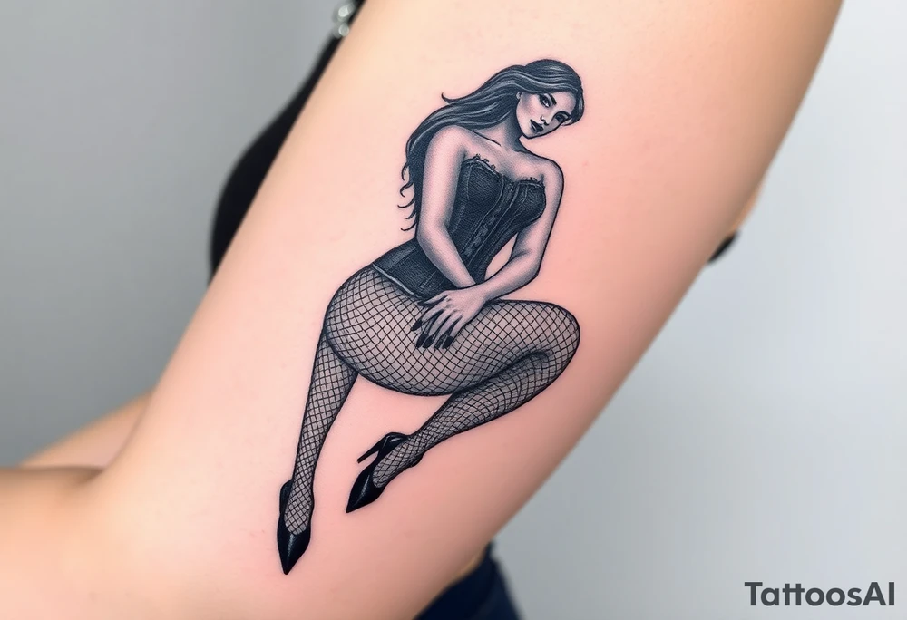 Seated woman with long dark hair, wearing a corset, fishnet tights and black shiny stilettos tattoo idea