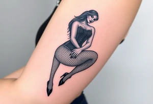 Seated woman with long dark hair, wearing a corset, fishnet tights and black shiny stilettos tattoo idea