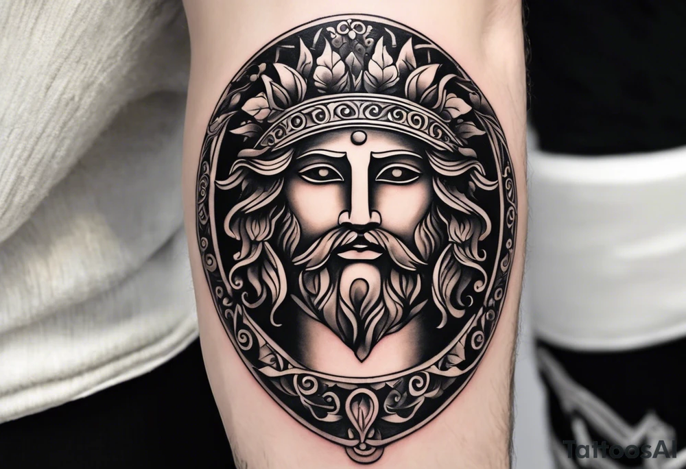 "Craft a minimalist tattoo design in the style of ancient Greek art, featuring Dionysus with his affection for theater. Depict Dionysus in a simplified yet elegant form, reminiscent of classical Greek sculpture, holding a theatrical mask and a goblet of wine. Surround him with subtle geometric patterns or motifs inspired by ancient Greek pottery, such as meanders or key patterns. Ensure the design maintains a minimalist aesthetic while incorporating elements that evoke the sophistication and timelessness of Greek art, capturing Dionysus's connection to both wine and theater in a visually striking manner." tattoo idea