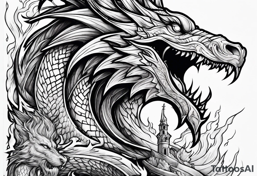 Jesus stabbing a dragon in the heart with a flaming sword tattoo idea