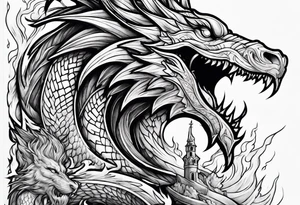 Jesus stabbing a dragon in the heart with a flaming sword tattoo idea