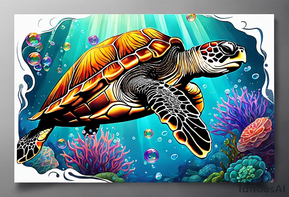 large sea turtle swimming from left to right with corral around it and bubbles from the ocean water, plus next to it is a colorful jellyfish with long flowing tentacles tattoo idea