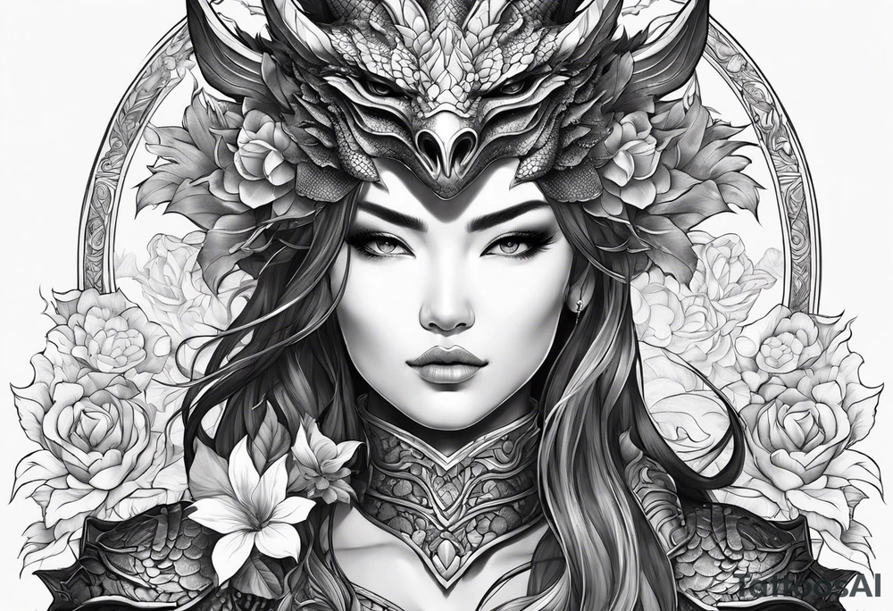 beautiful warrior woman wearing dragon armor and a floral background tattoo idea