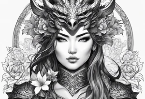 beautiful warrior woman wearing dragon armor and a floral background tattoo idea