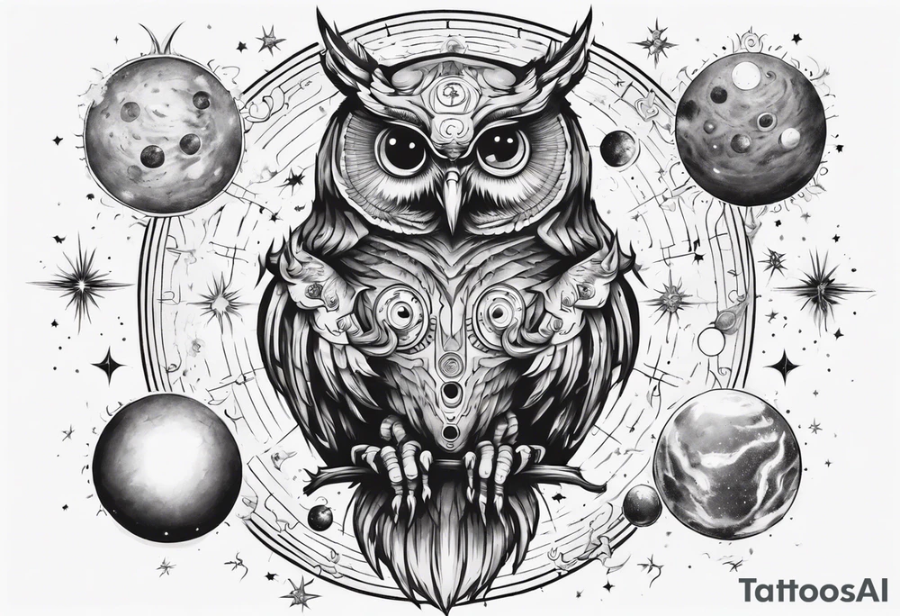 Demon Owl surrounded by cosmic astrology and planets. tattoo idea