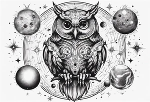 Demon Owl surrounded by cosmic astrology and planets. tattoo idea