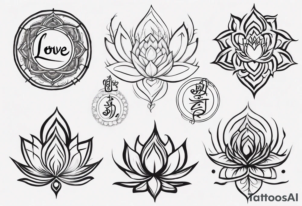 Unalome symbol incorporating sanskrit breathe symbol and a lotus flower and the word LOVE tattoo idea