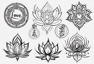 Unalome symbol incorporating sanskrit breathe symbol and a lotus flower and the word LOVE tattoo idea