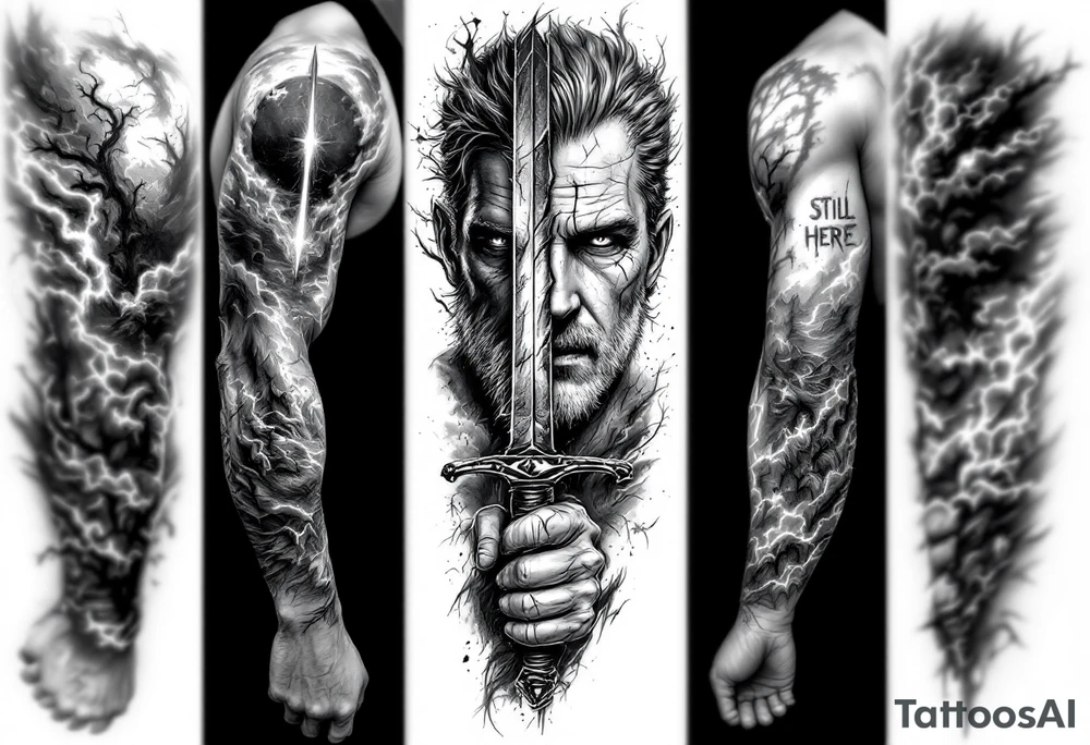 A black and grey tattoo sleeve with elements of stoicism and internal struggle. A weathered face, split in half, one side strong and confident, the other side cracked and fading into mist, symbolizing the silent battles fought within. A hand grips a sword with a worn, chipped blade, showing the scars of battle but still sharp. Behind the figure, a storm rages, with a single beam of light piercing through. Hidden within the shadows, faint words like “Memento Mori” and “Still Here” blend naturally into the design. The tattoo has a smooth gradient from dark at the wrist to light at the shoulder, creating a seamless flow of struggle to victory. tattoo idea