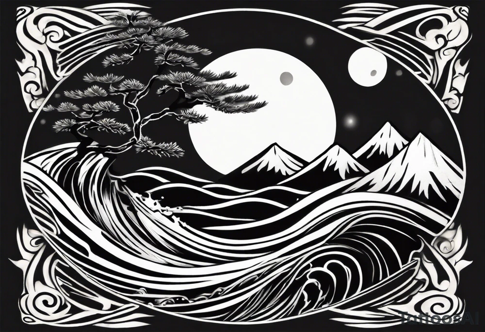 daytime yin with sun and ocean waves imagery in style of Hokusai with night time yin with moon and fir trees and mountains. edges should be blurred tattoo idea