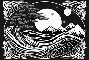 daytime yin with sun and ocean waves imagery in style of Hokusai with night time yin with moon and fir trees and mountains. edges should be blurred tattoo idea