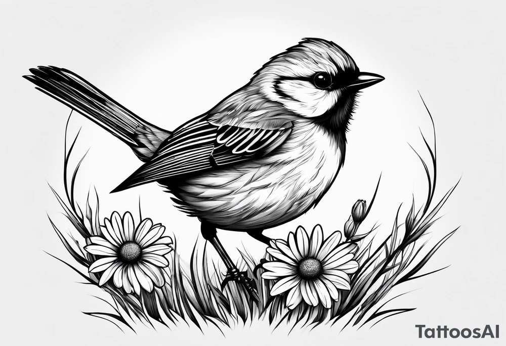 Small bird perched in grass with a daisy tattoo idea