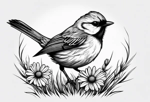 Small bird perched in grass with a daisy tattoo idea