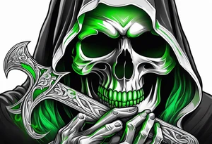 Grim Reaper holding a skull with green ethereal smoke white background tattoo idea