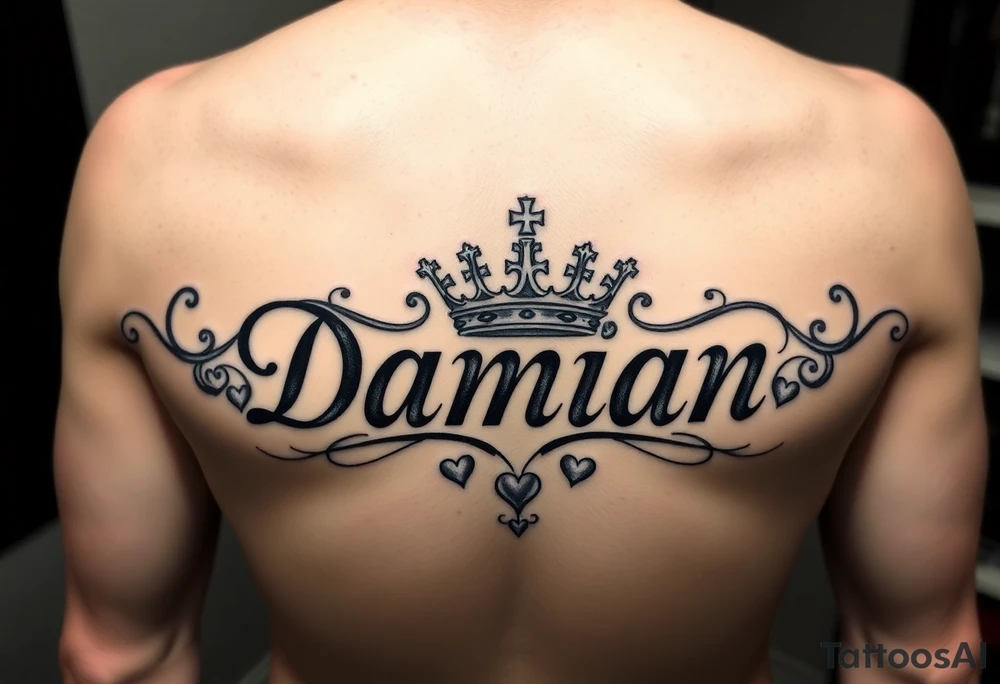 Name Damian, with crown, and hearts tattoo idea