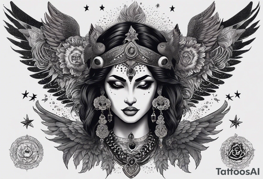 black kali, goddess pirate, alien, angel, pachamama, valkrye, warrior, flying, skull, lotus azul, wing, eagle, zenza resonance, stars, 5D, anahata chakra, death, durga, riding on a tiger, flying lady, kundalini, chest tatoo, samuri, rebel,s erpent tattoo idea