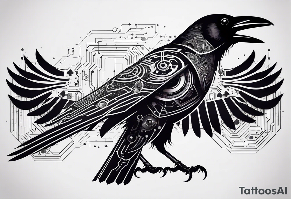 An epic-looking crow with intricate circuit boards and PCB designs running throughout its feathers. The crow's eye features a tiny CPU fitting perfectly in its pupil. The tattoo will be placed on the outer bicep, primarily in black ink with a small splash of color to make certain elements pop. tattoo idea