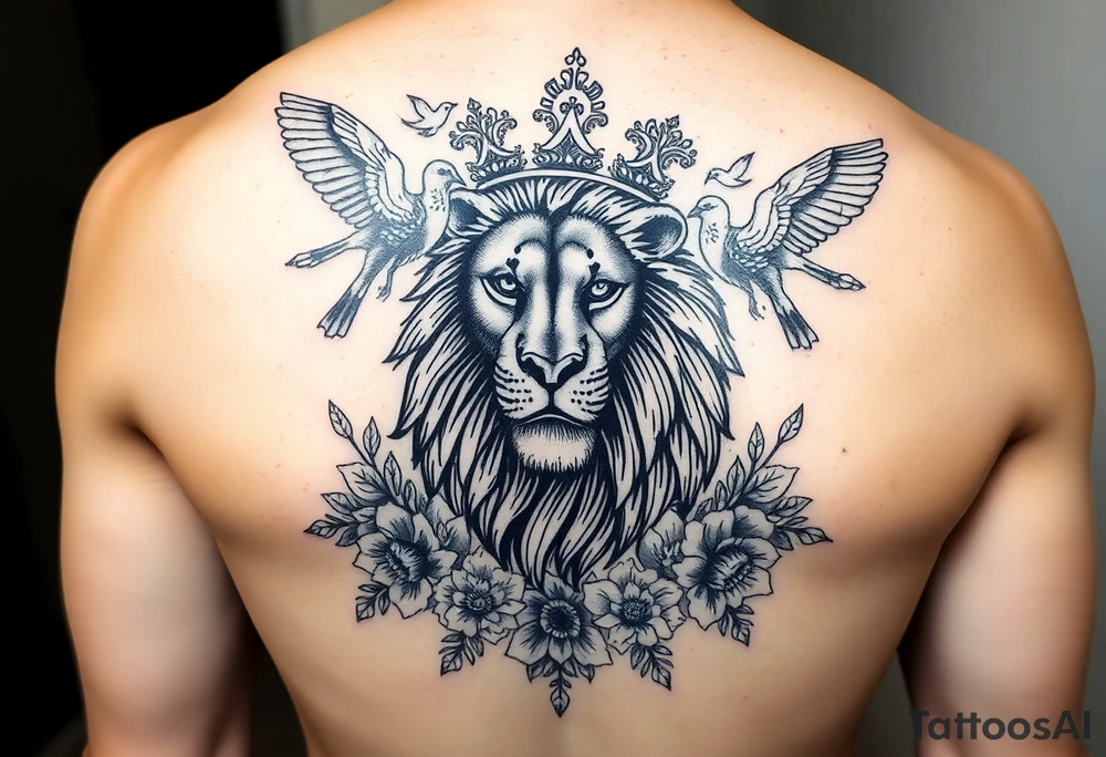 powerful majestic lion with a crown, surrounded by floral ornaments and birds tattoo idea