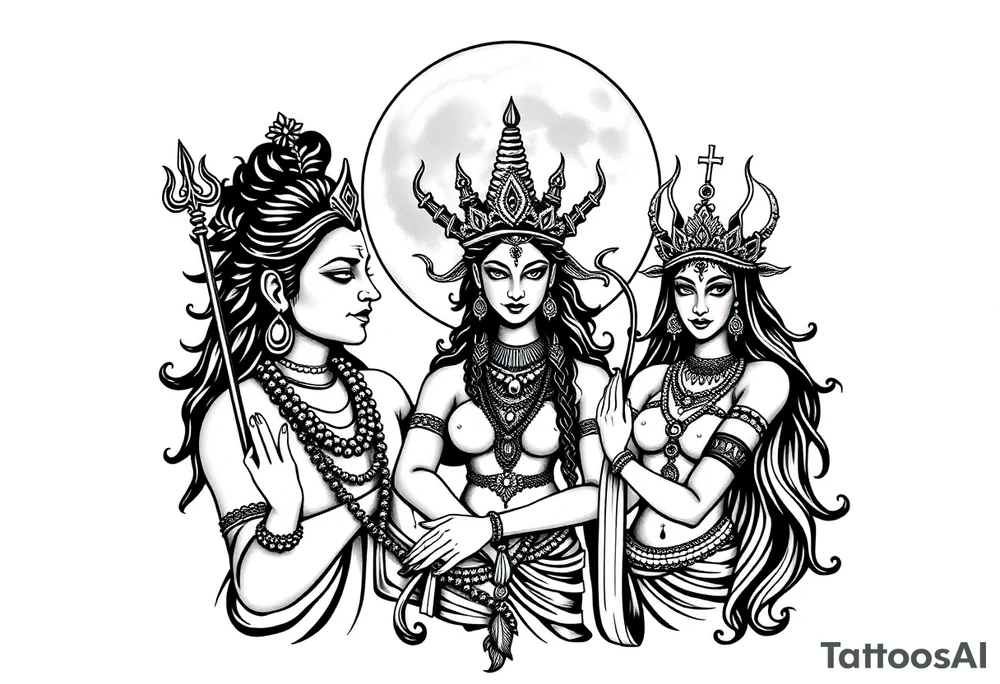Lord Shiva, Godess Kali, Godess Lilith Together with the moon in the background tattoo idea
