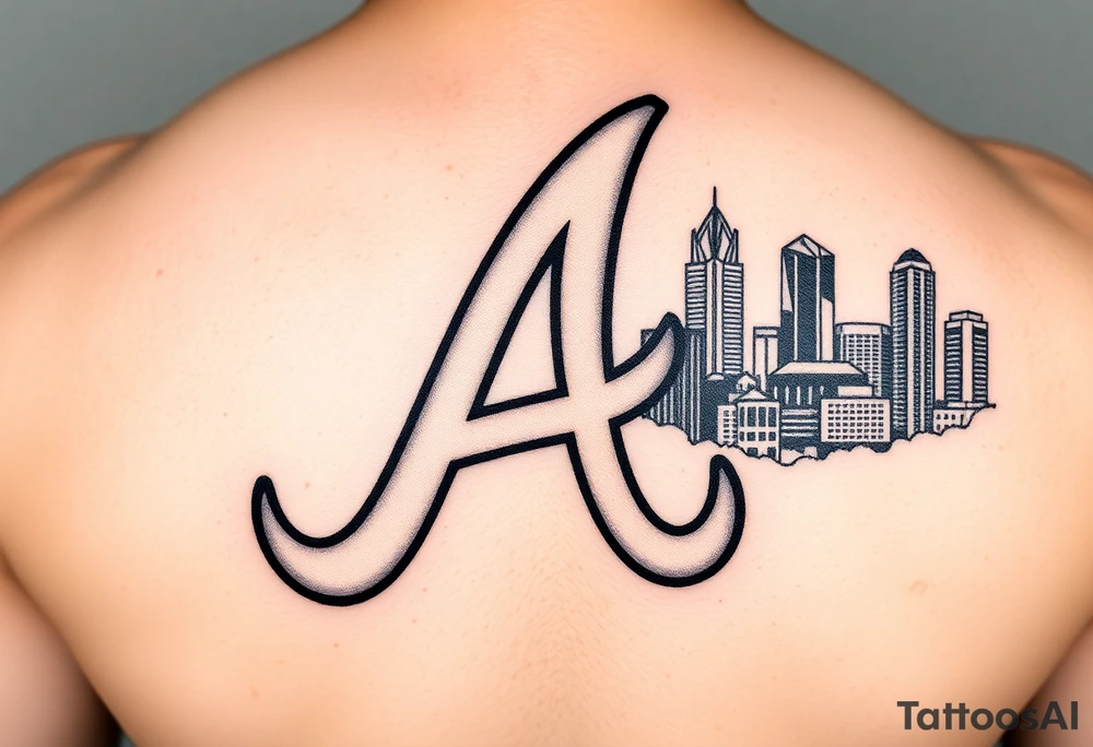 Atlanta Braves letter logo “A” overlapping the Atlanta skyline in the back on the right. The buildings as concise and jam packed parallel the logo. tattoo idea