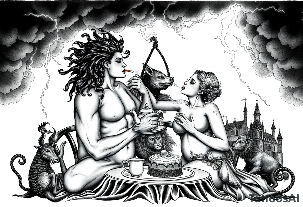 Naked Man and woman having sex Storm lightening clouds gothic sexy naked fat lady having a tea party with tea pot and medieval castle
with a pig, peacock, noose, lion, goat, smoking cigerettes looking in the mirror eating a cake thru storm clouds with razor blades and broken hearts and darkness and wrath, envy , gluttony, greed, sloth, pride kill tattoo idea
