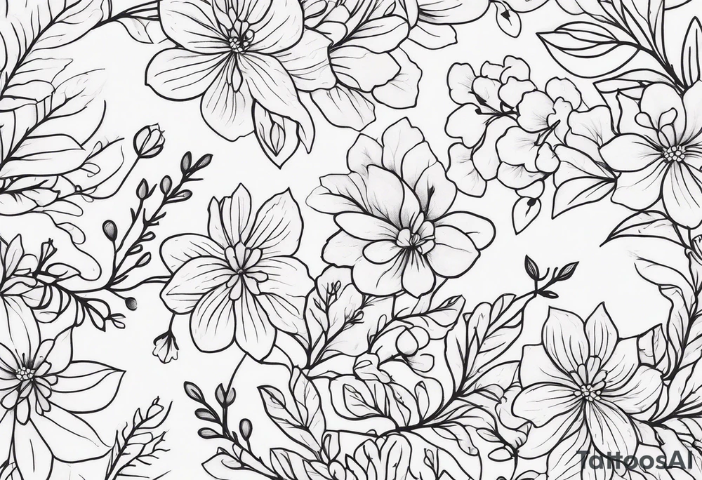 “Generate a subtle botanical tattoo with soft, flowing lines, showcasing tiny flowers and leaves arranged in a delicate pattern tattoo idea
