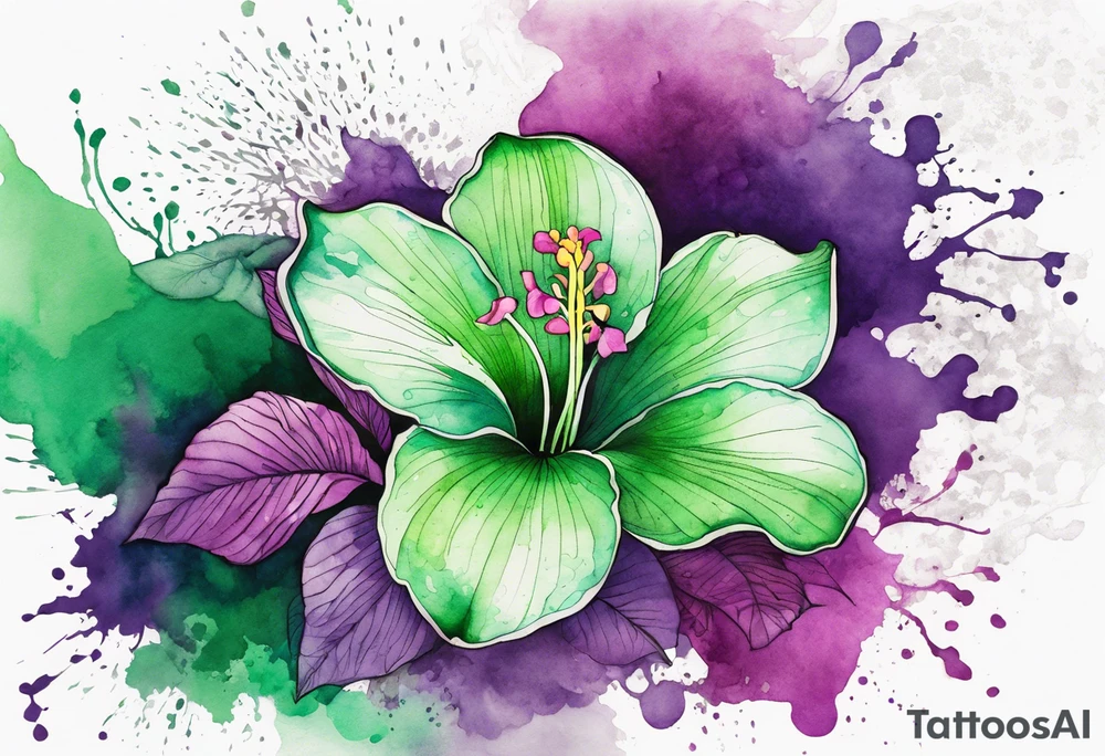 An outline of a green rio dipladenia flower and a green and purple watercolor splash in the background tattoo idea