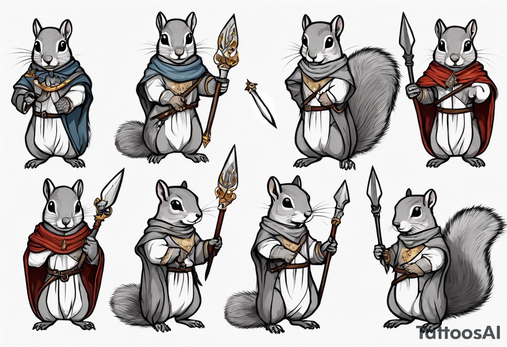 a grey squirrel dressed in a medieval tunic holding a silver spear tattoo idea