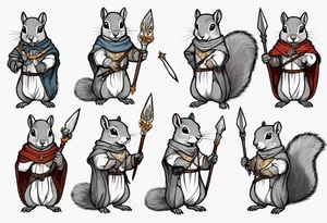 a grey squirrel dressed in a medieval tunic holding a silver spear tattoo idea