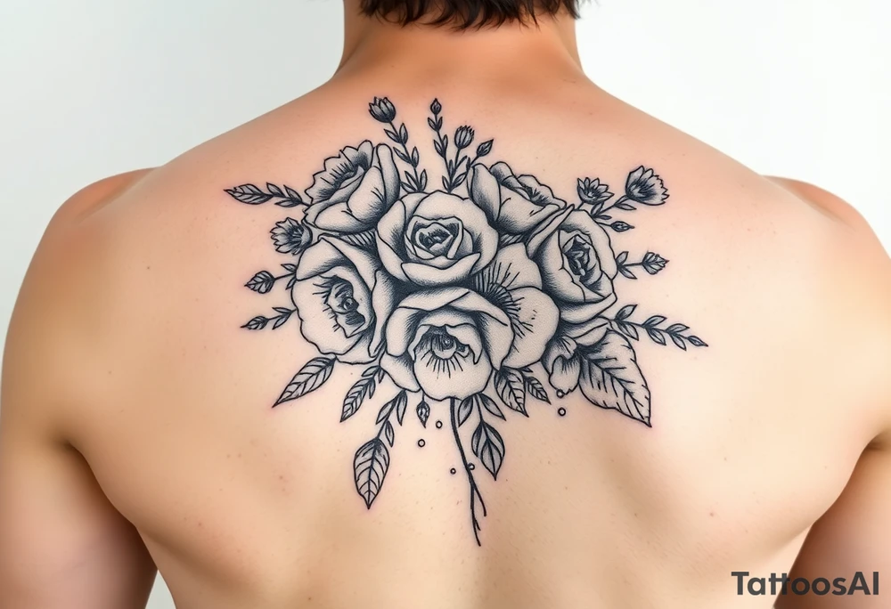 vintage bouquet of wild roses and meadow flowers with morning dew tattoo idea
