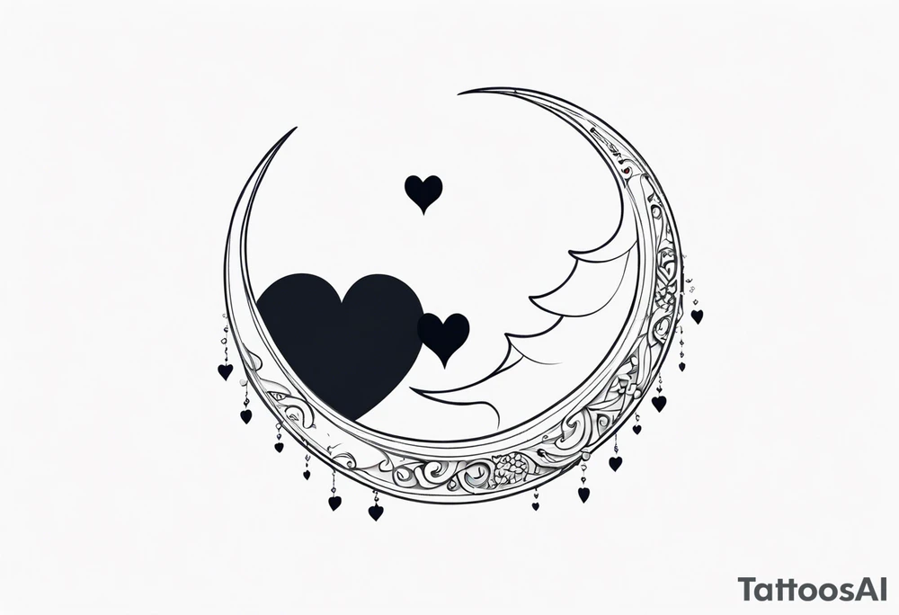 Crescent moon with hearts dangling from the bottom of it tattoo idea