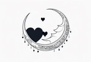 Crescent moon with hearts dangling from the bottom of it tattoo idea