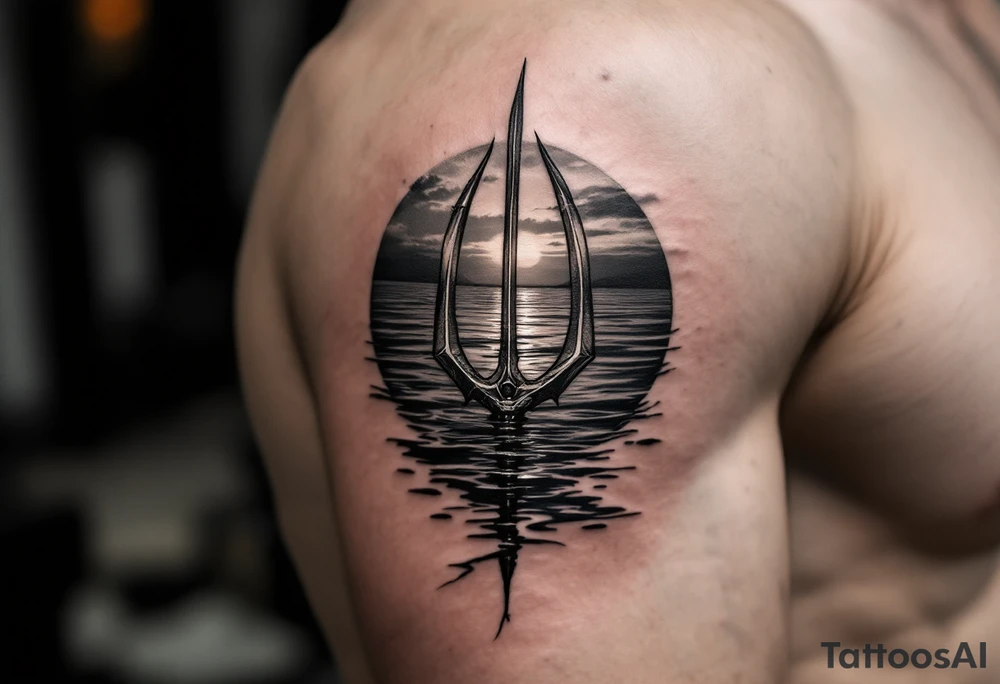trident half way under calm water at sunset tattoo idea
