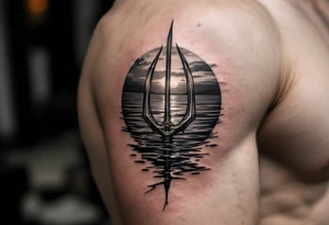 trident half way under calm water at sunset tattoo idea
