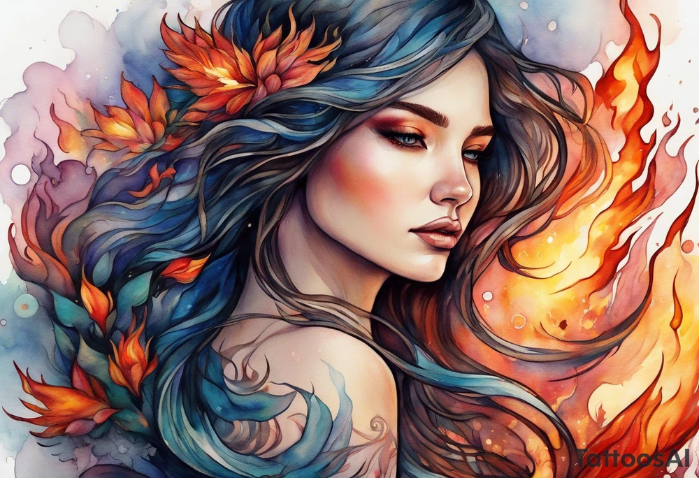 Resurrection strength and courage overcoming trauma Beautiful Woman leaving a world of fire, chaos and fear  to inner peace and self-love  ethereal tattoo idea