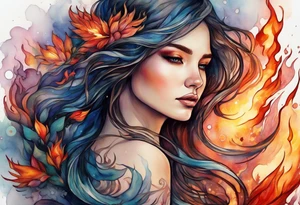 Resurrection strength and courage overcoming trauma Beautiful Woman leaving a world of fire, chaos and fear  to inner peace and self-love  ethereal tattoo idea