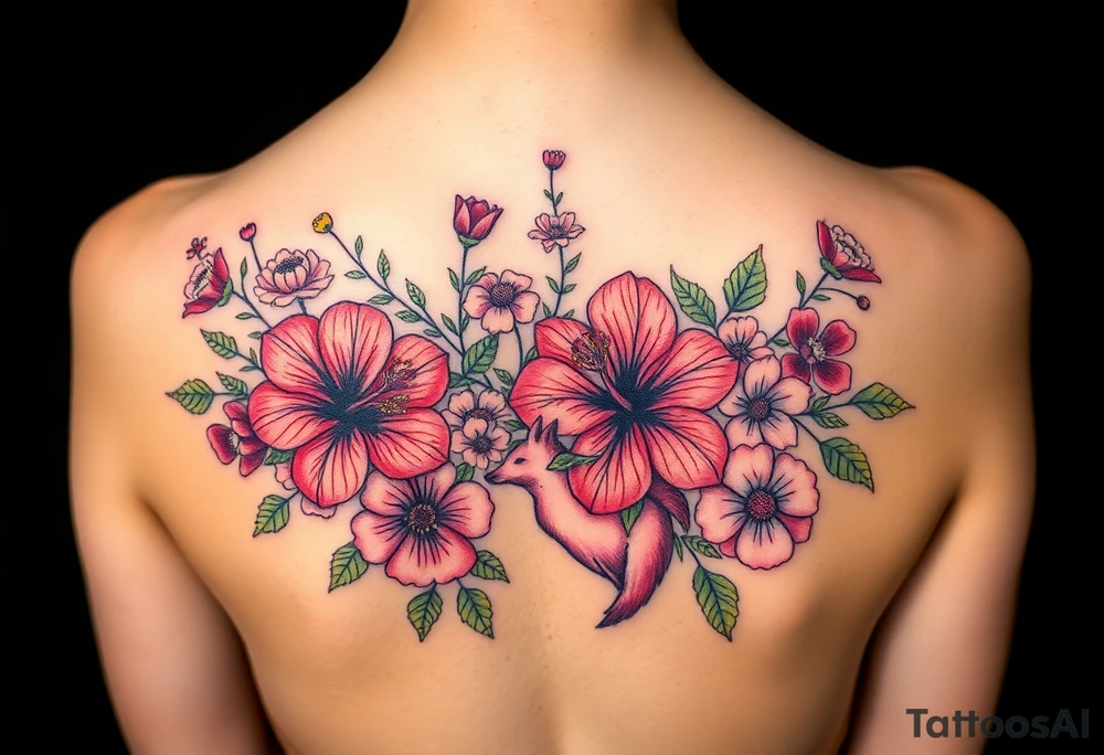 vintage bouquet of wild hibiscus
 and meadow flowers with morning dew and a fox tattoo idea