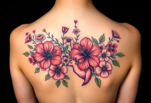 vintage bouquet of wild hibiscus
 and meadow flowers with morning dew and a fox tattoo idea