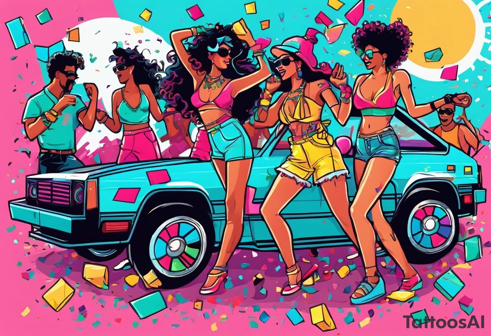 1980's style dance party with boom box and confetti in a beach theme. include people in 80's miami beach clothes, music note. Do not include cars tattoo idea