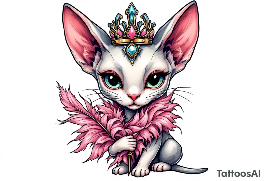 Chibi new school Glamorous sphinx cat holding 
pink feather boa and wearing a crown tattoo idea